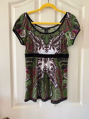 INC Paisley Scoop Neck Tunic Top in Green, White & Pink